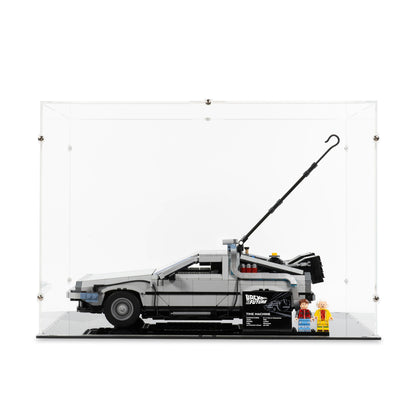 Front view of LEGO 10300 Back to the Future Time Machine Large Display Case.