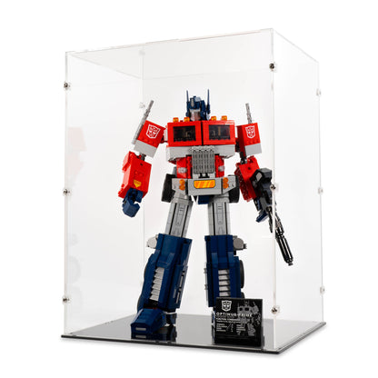 Angled view of LEGO 10302 Optimus Prime Display Case standing.