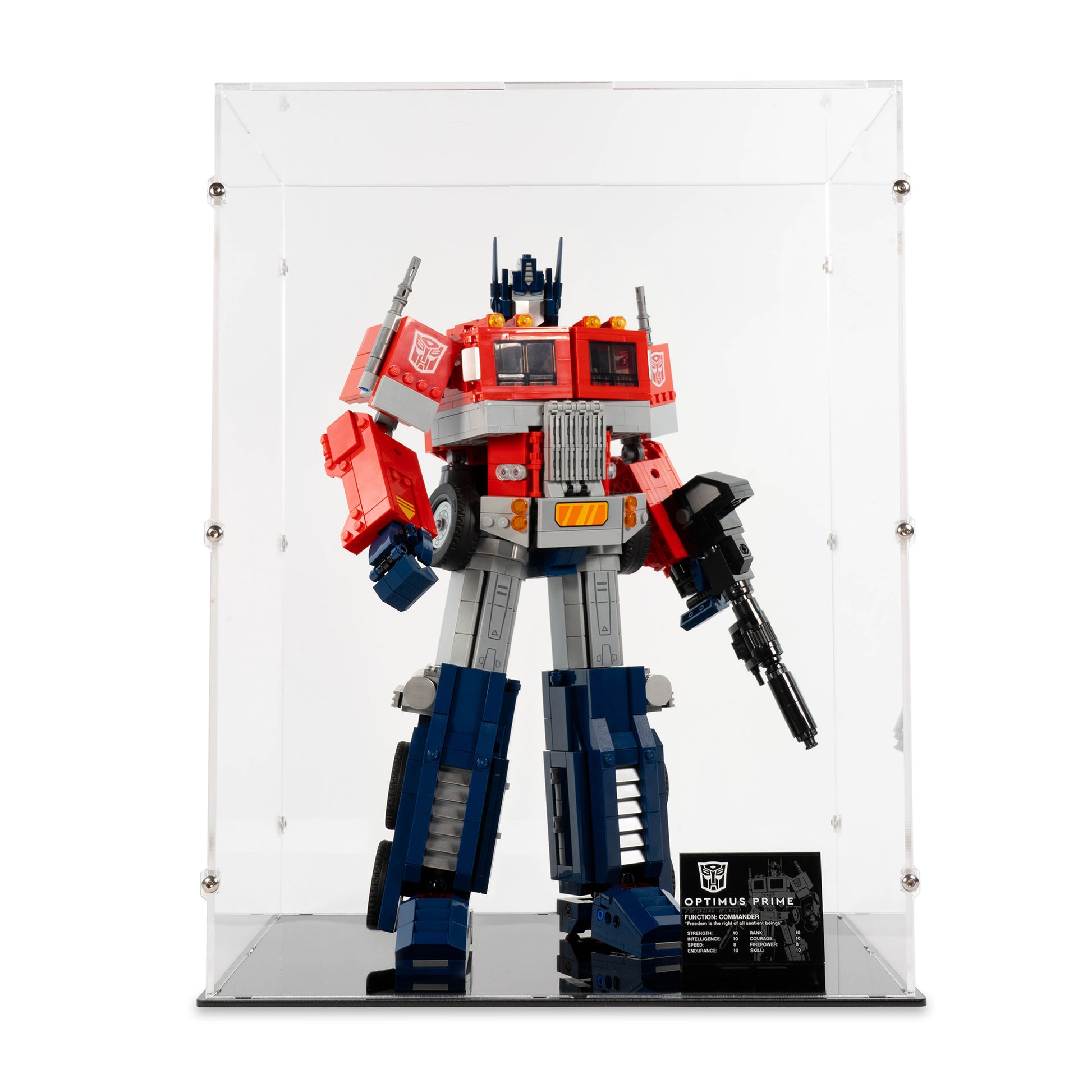 Front view of LEGO 10302 Optimus Prime Display Case standing.