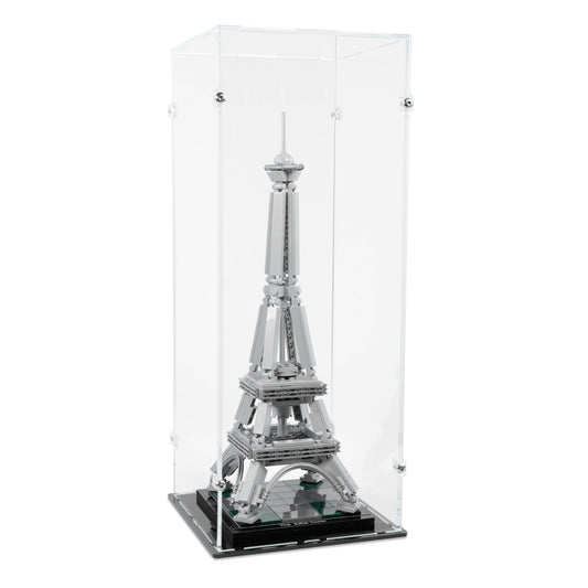 Angled view of LEGO 21019 The Eiffel Tower Display Case.