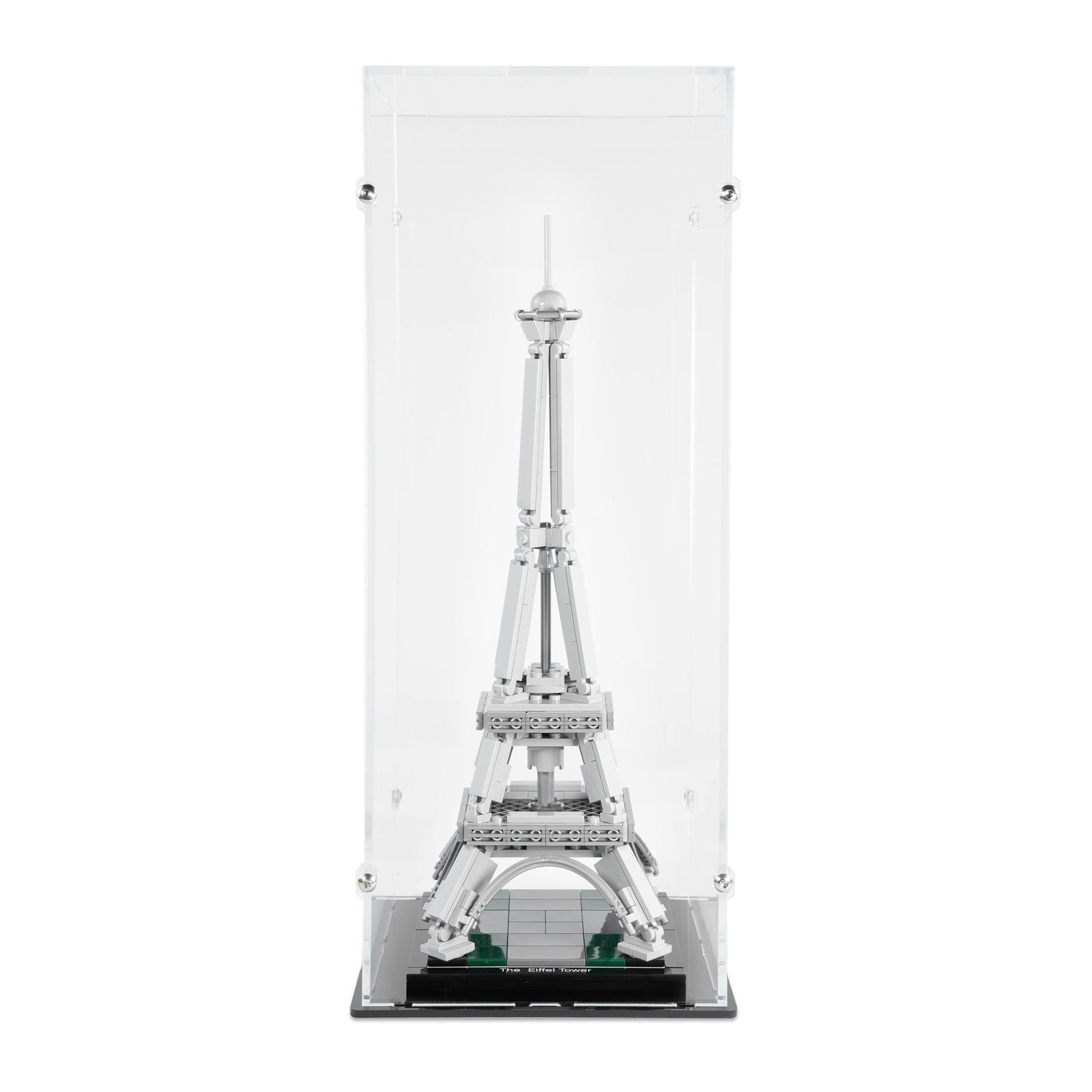 Front view of LEGO 21019 The Eiffel Tower Display Case.