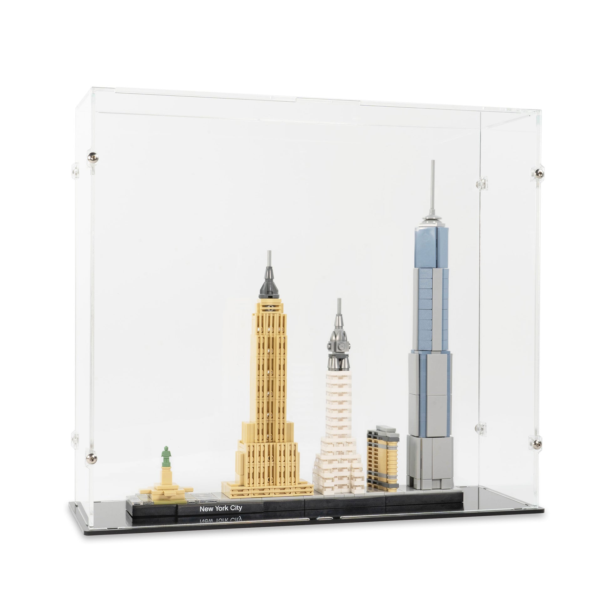 Angled view of LEGO 21028 New York City Display Case.