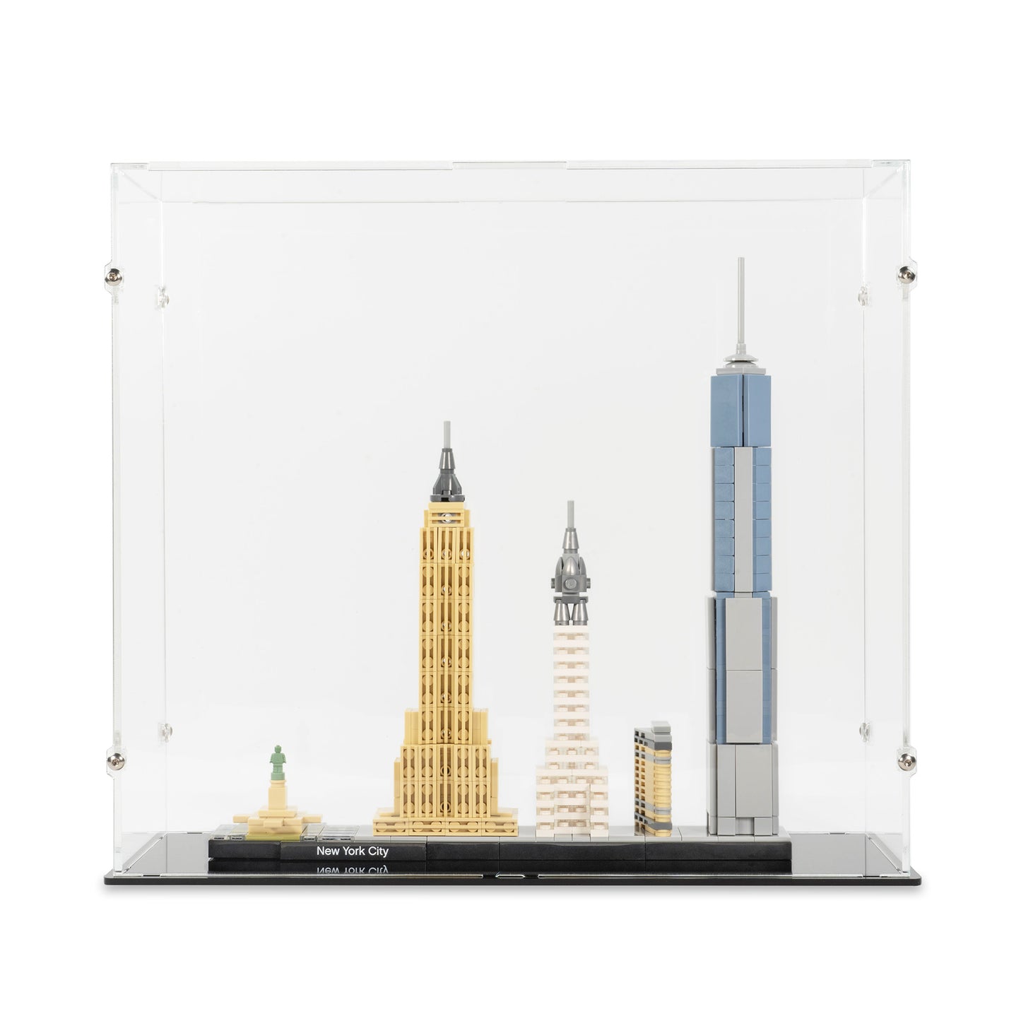 Front view of LEGO 21028 New York City Display Case.