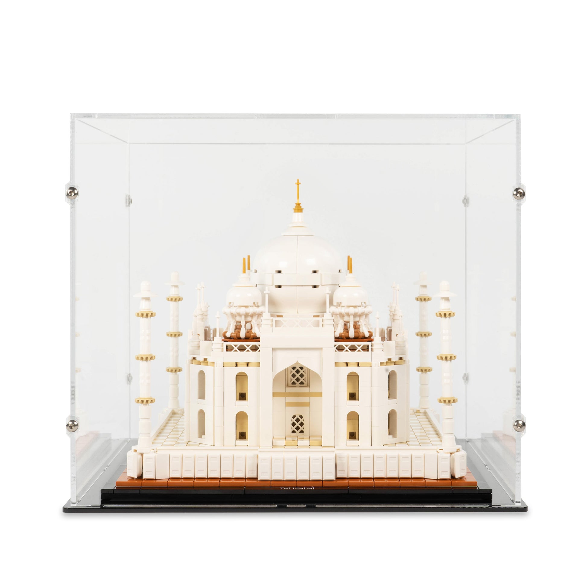 Front view of LEGO 21056 Taj Mahal Display Case.