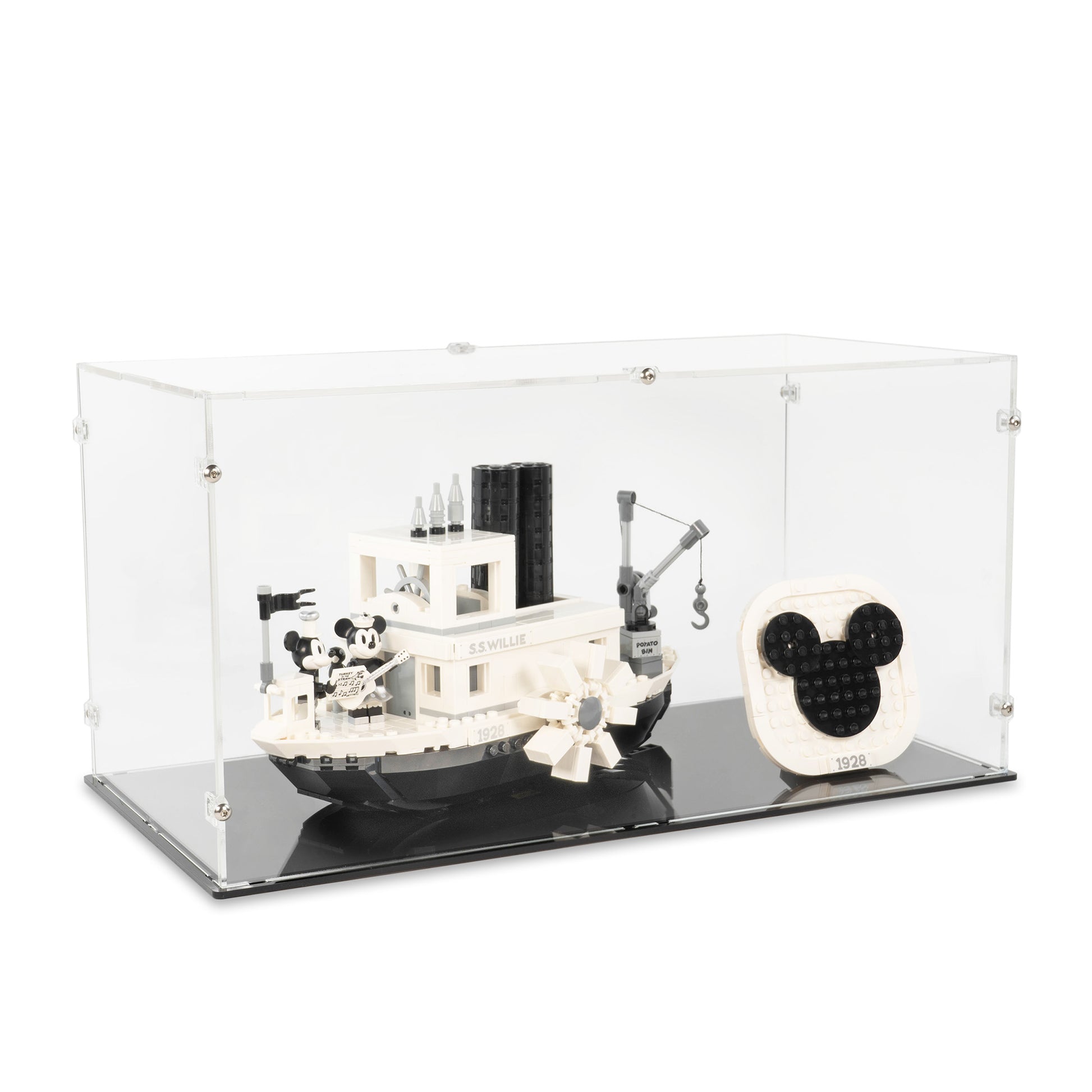 Angled top view of LEGO 21317 Steamboat Willie Display Case.