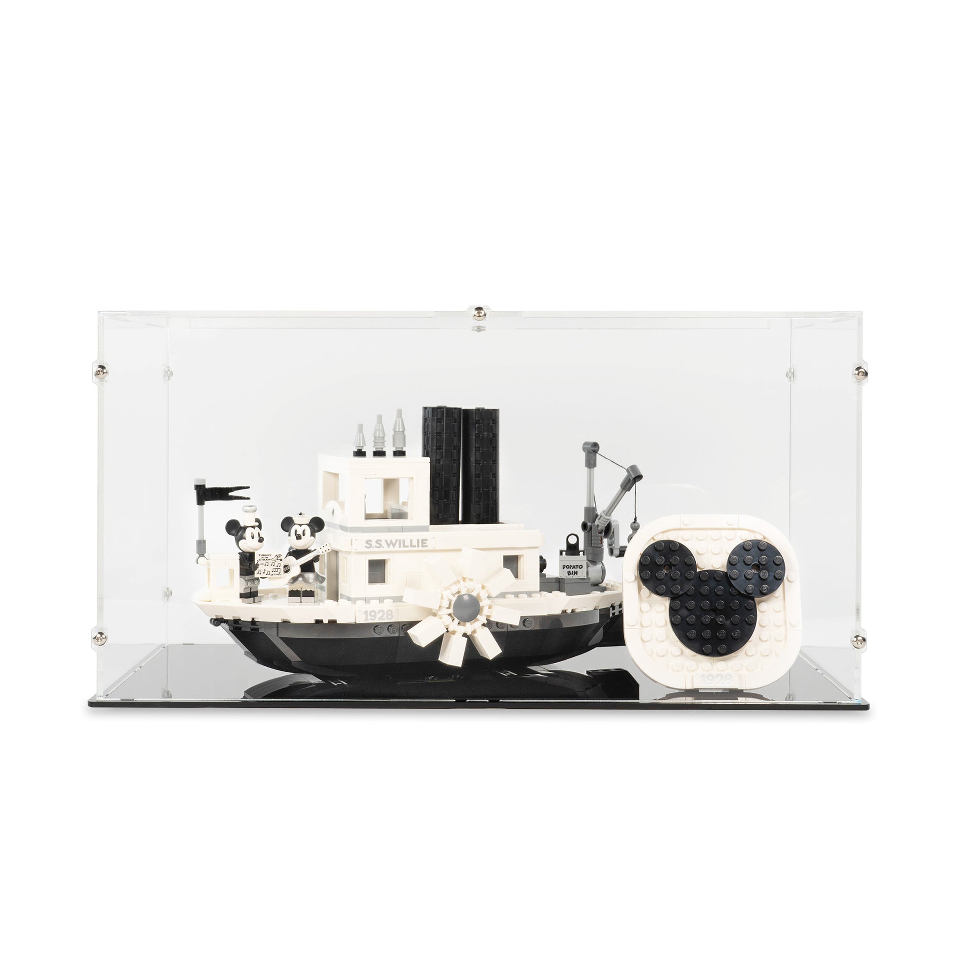 Front view of LEGO 21317 Steamboat Willie Display Case.