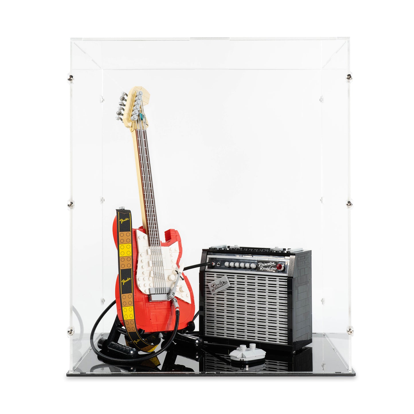 Front view of LEGO 21329 Fender Stratocaster Display Case.