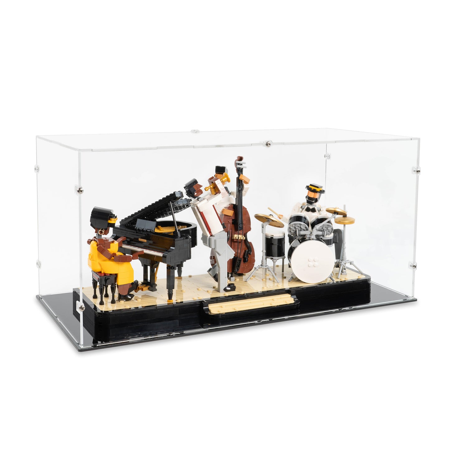 Angled top view of LEGO 21334 Jazz Quartet Display Case.
