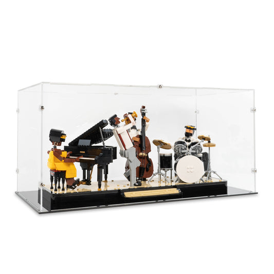 Angled view of LEGO 21334 Jazz Quartet Display Case.