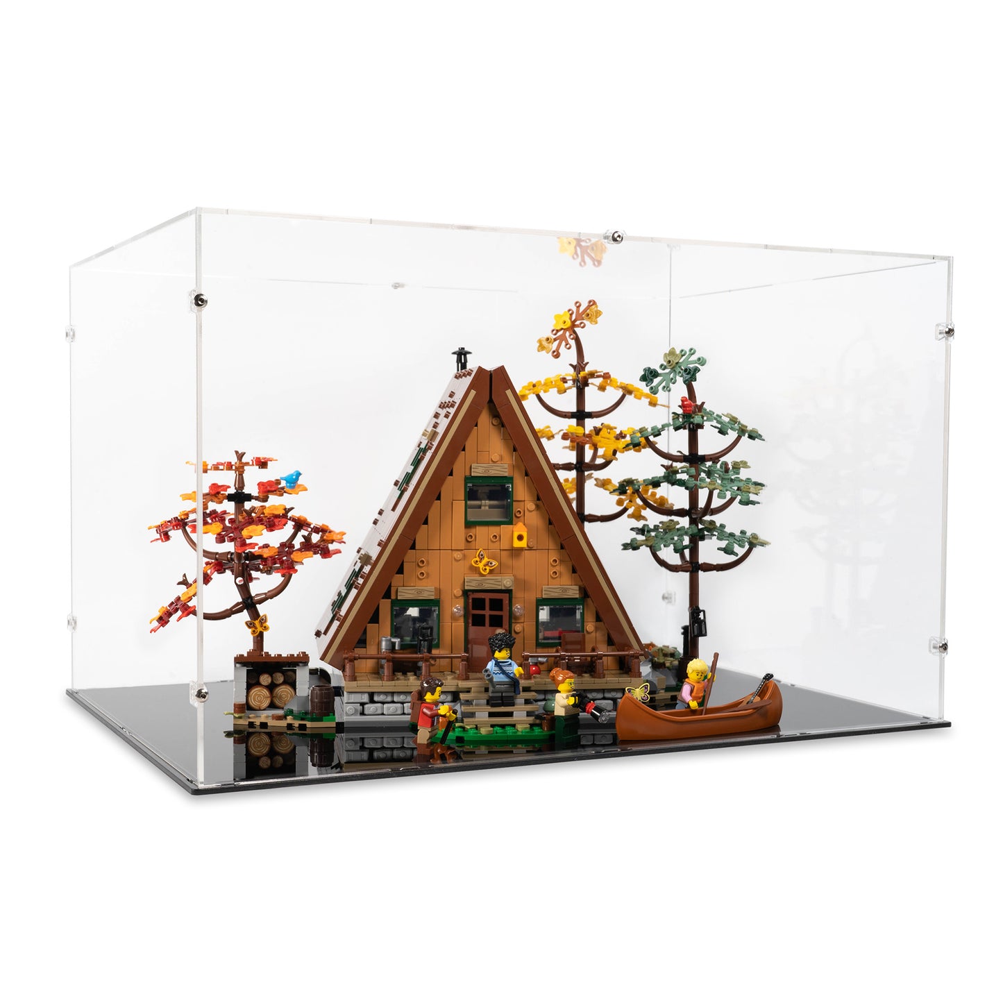 Angled view of LEGO 21338 A-Frame Cabin Display Case.