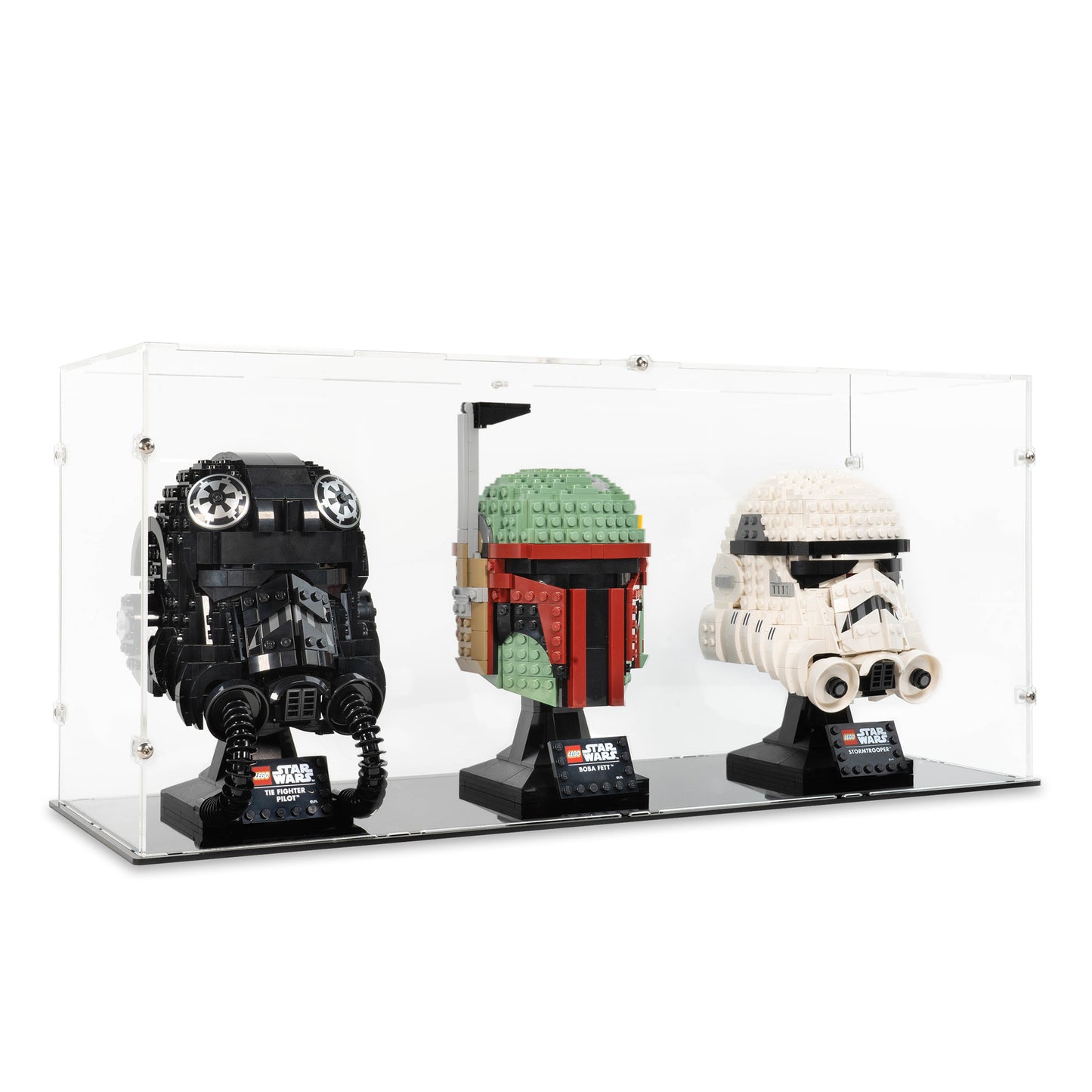 Angled view of 3x LEGO Helmets Display Case.
