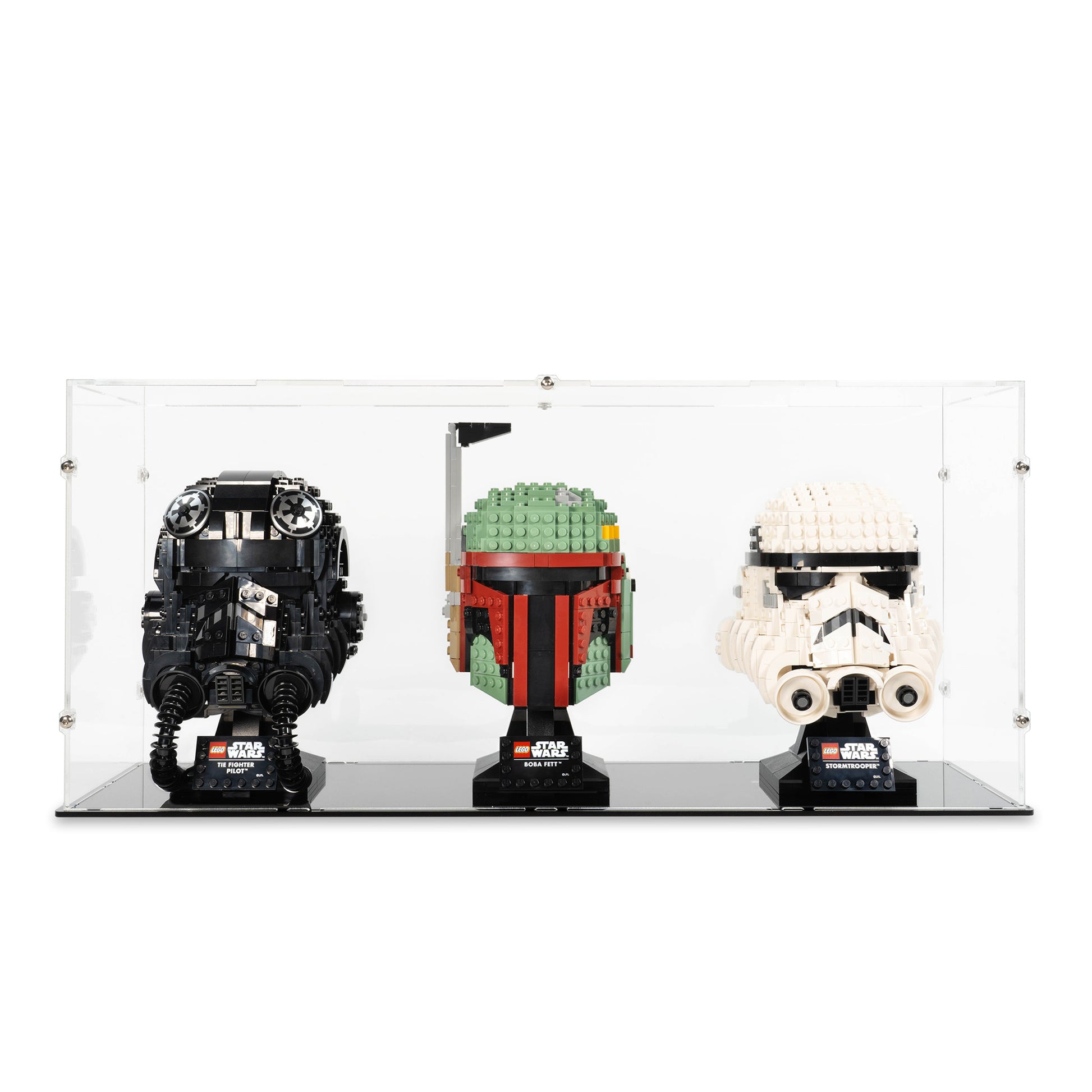 Front view of 3x LEGO Helmets Display Case.