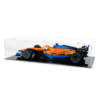Angled top view of LEGO 42141 McLaren Formula 1 Race Car Display Case.