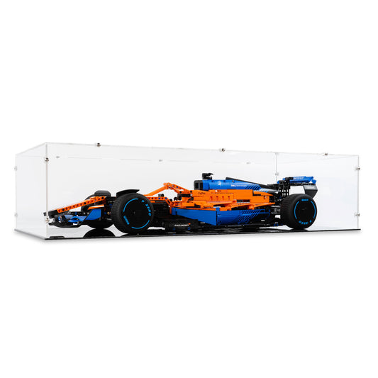 Angled view of LEGO 42141 McLaren Formula 1 Race Car Display Case.