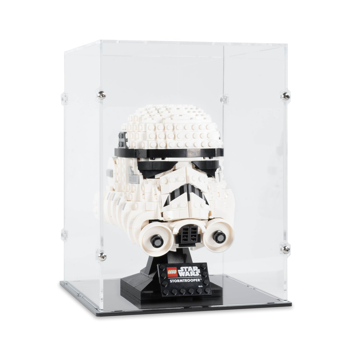 Angled view of LEGO 75276 Stormtrooper Helmet Display Case.
