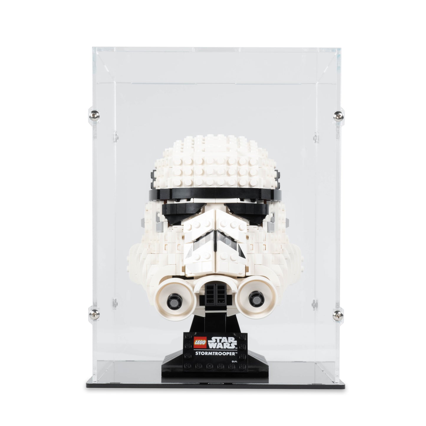 Front view of LEGO 75276 Stormtrooper Helmet Display Case.