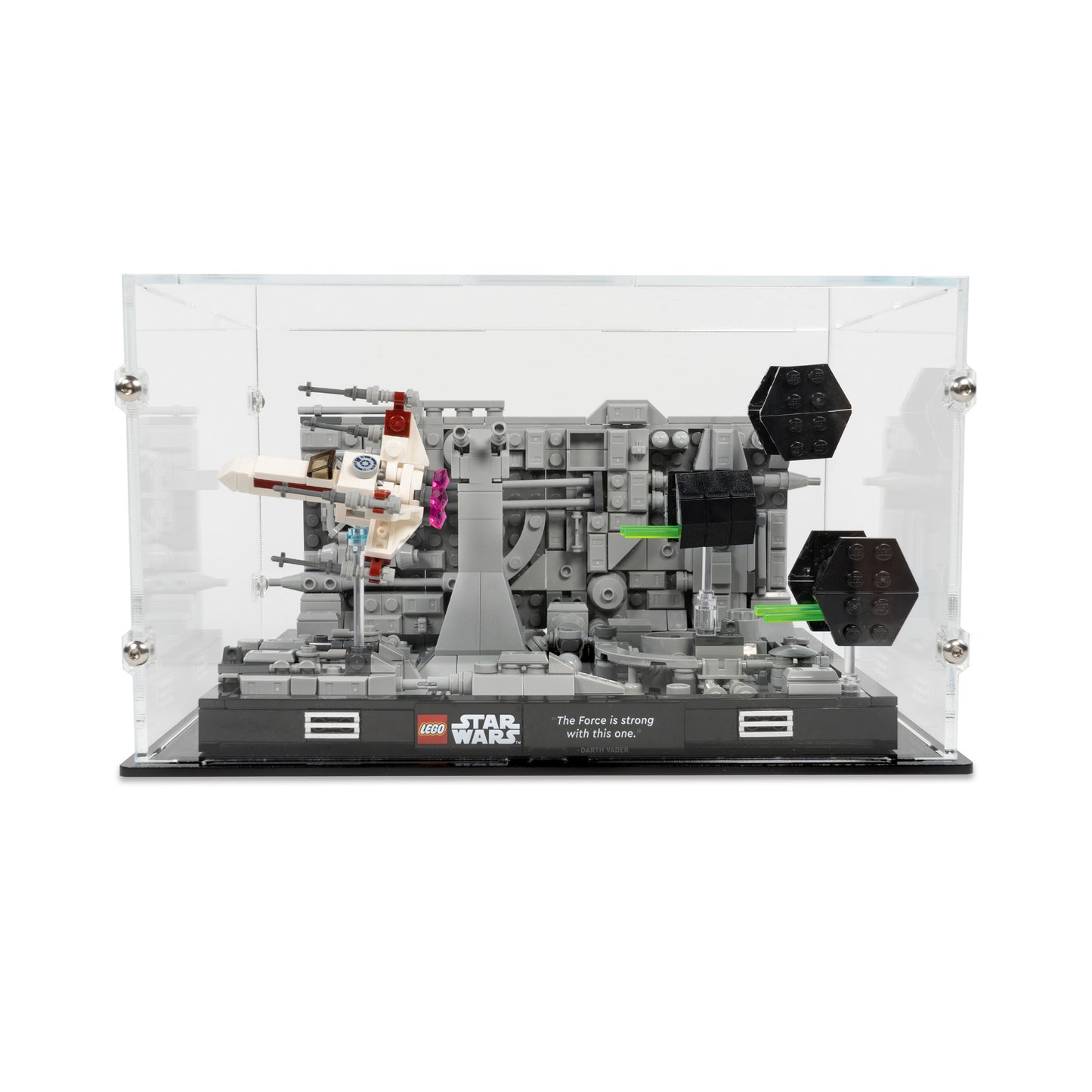 Front view of LEGO 75329 Death Star Trench Run Diorama Display Case.
