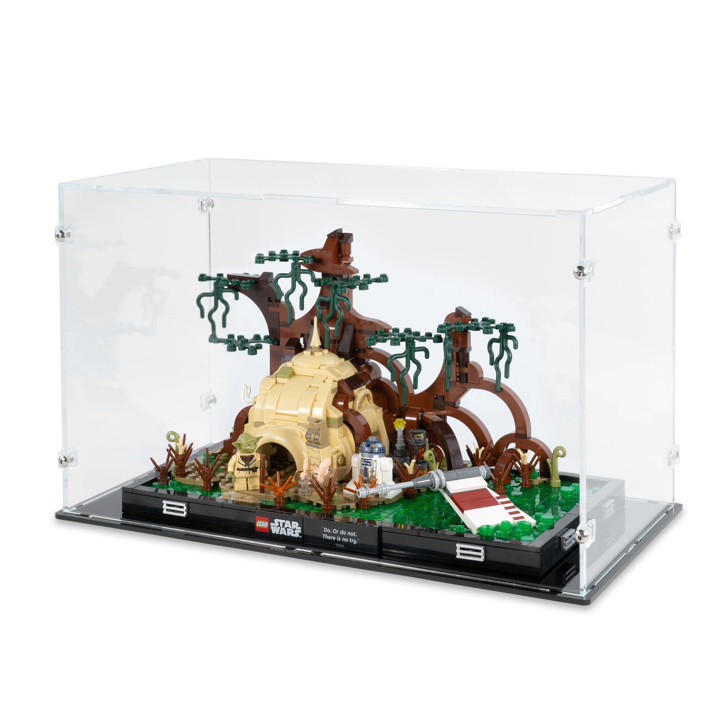 Angled top view of LEGO 75330 Dagobah Jedi Training Diorama Display Case.