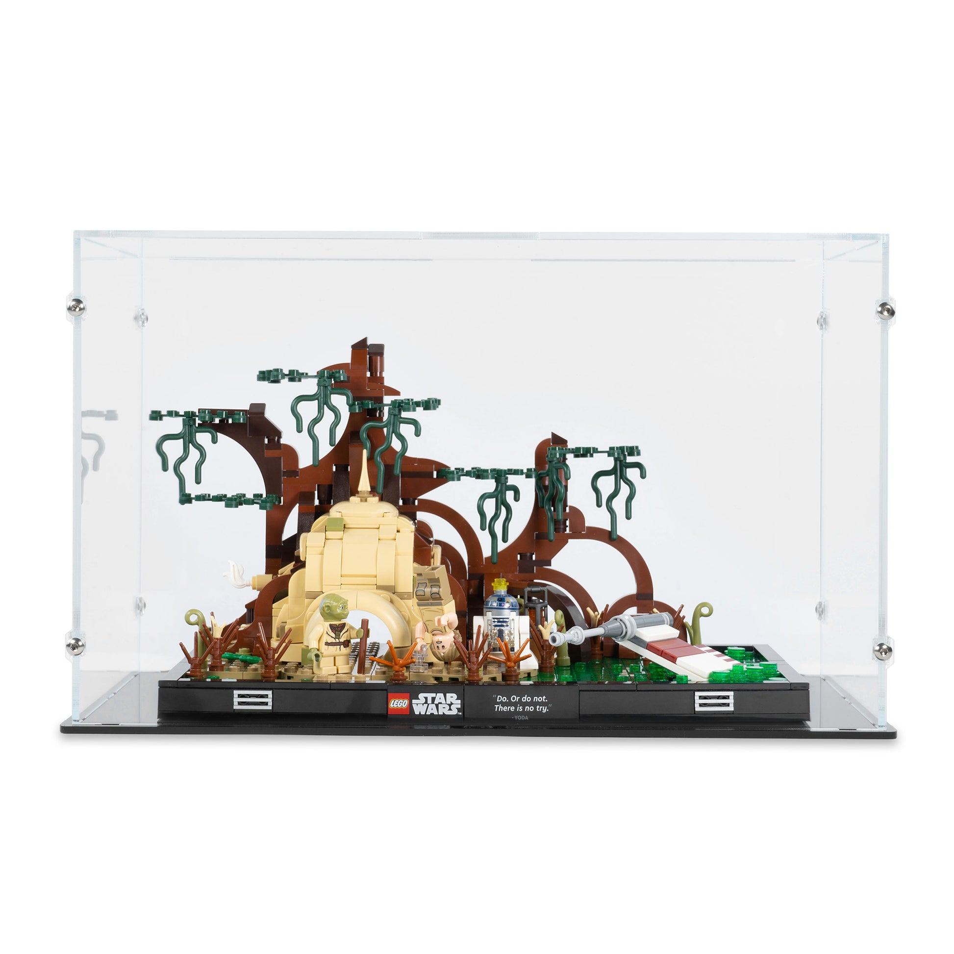 Front view of LEGO 75330 Dagobah Jedi Training Diorama Display Case.