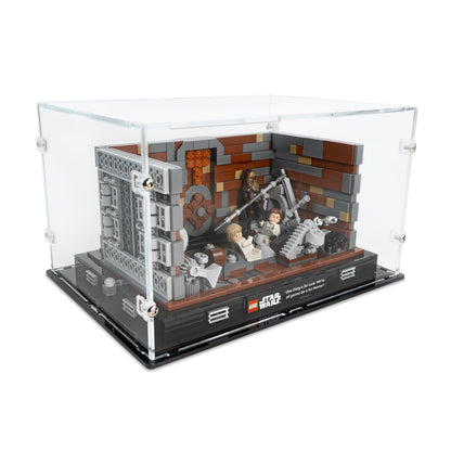 Angled top view of LEGO 75339 Death Star Trash Compactor Diorama Display Case.