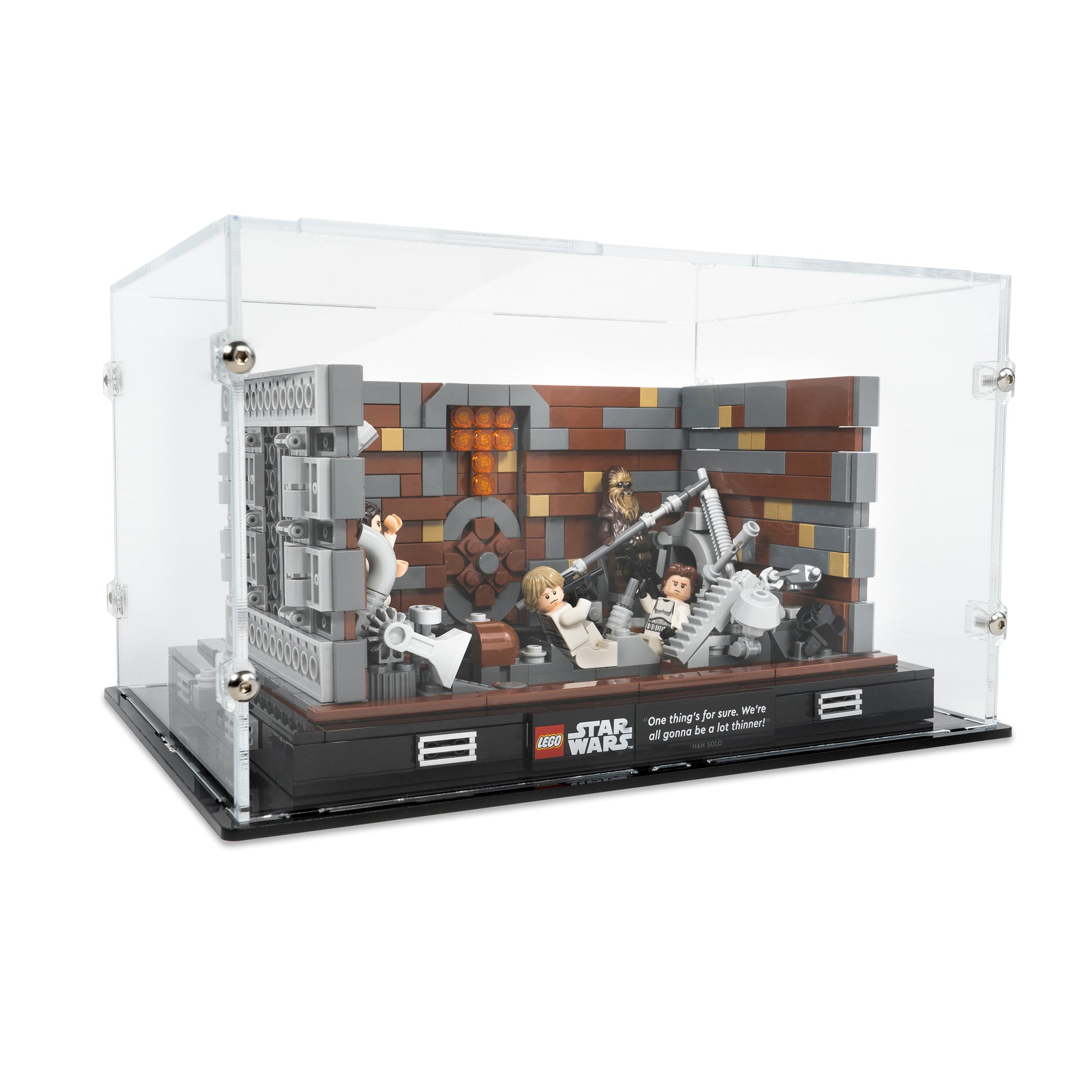 Angled view of LEGO 75339 Death Star Trash Compactor Diorama Display Case.