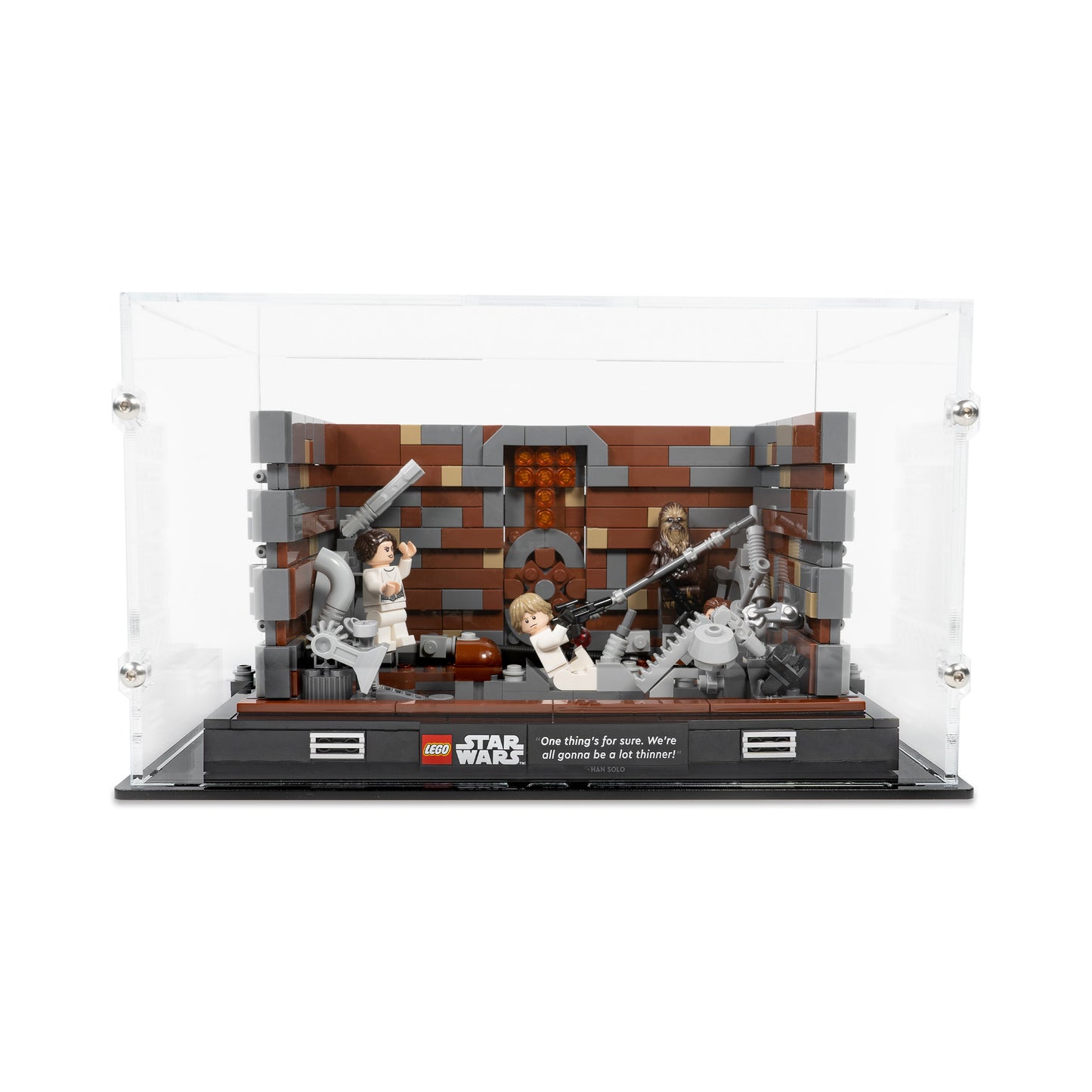 Front view of LEGO 75339 Death Star Trash Compactor Diorama Display Case.
