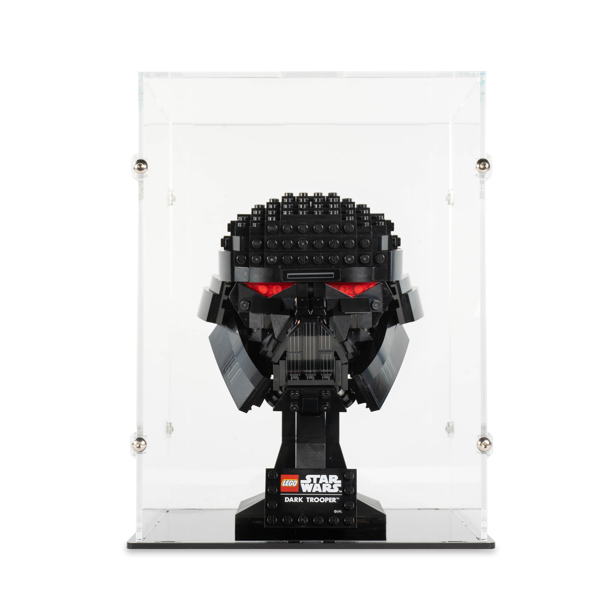 Front view of LEGO 75343 Dark Trooper Helmet Display Case.