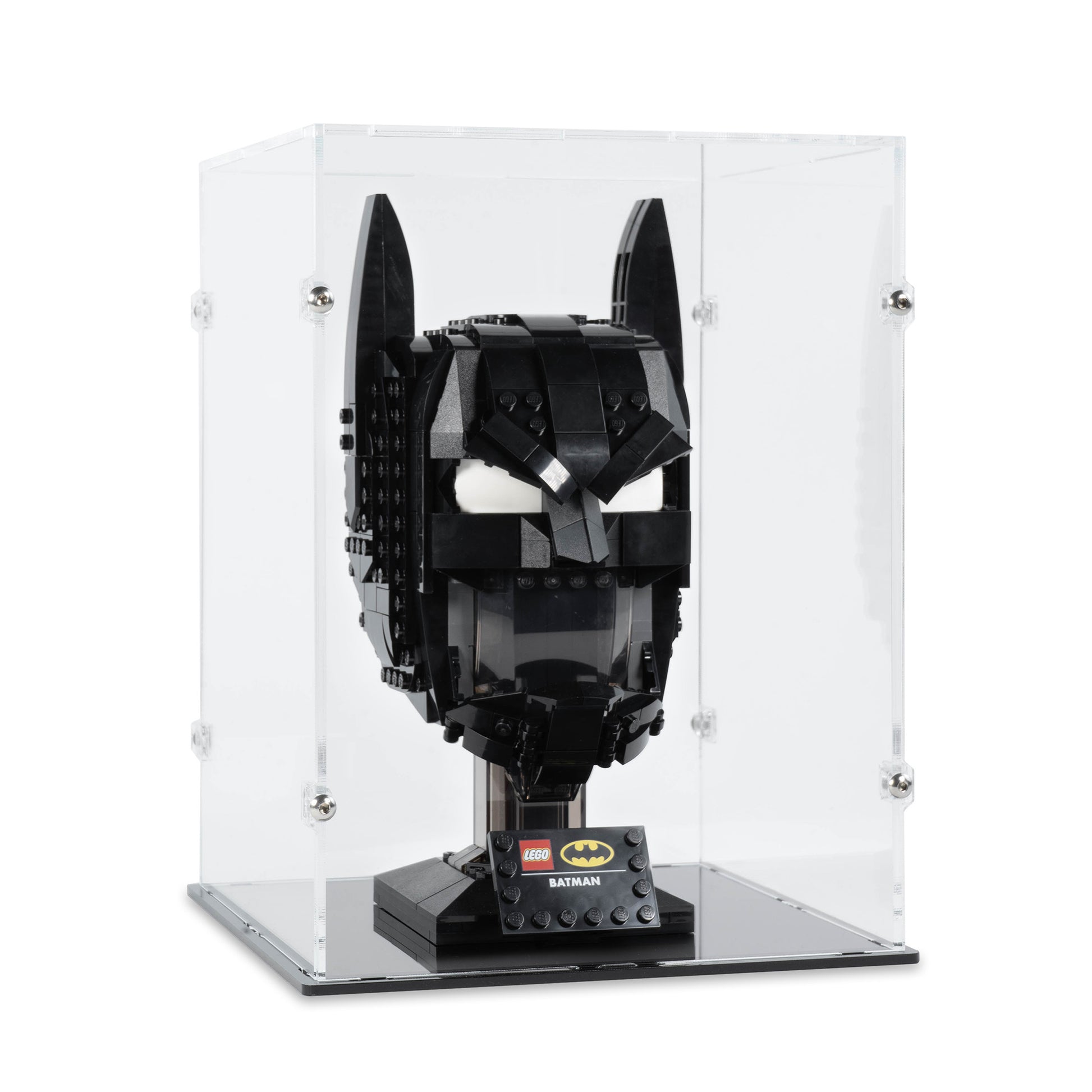 Angled view of LEGO 76182 Batman Cowl Display Case.