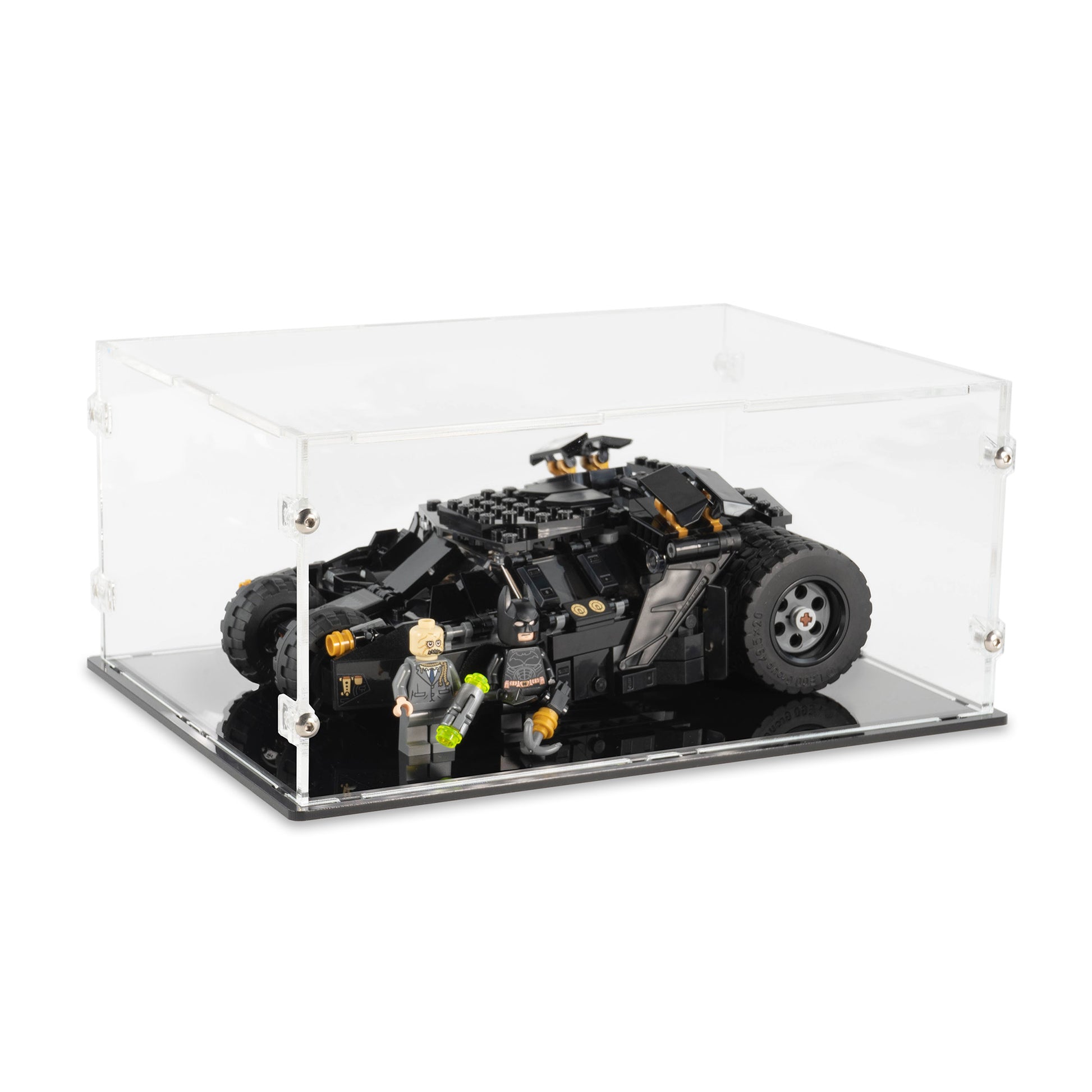 Angled top view of LEGO 76239 LEGO DC Batman Batmobile Tumbler Scarecrow Showdown Display Case.