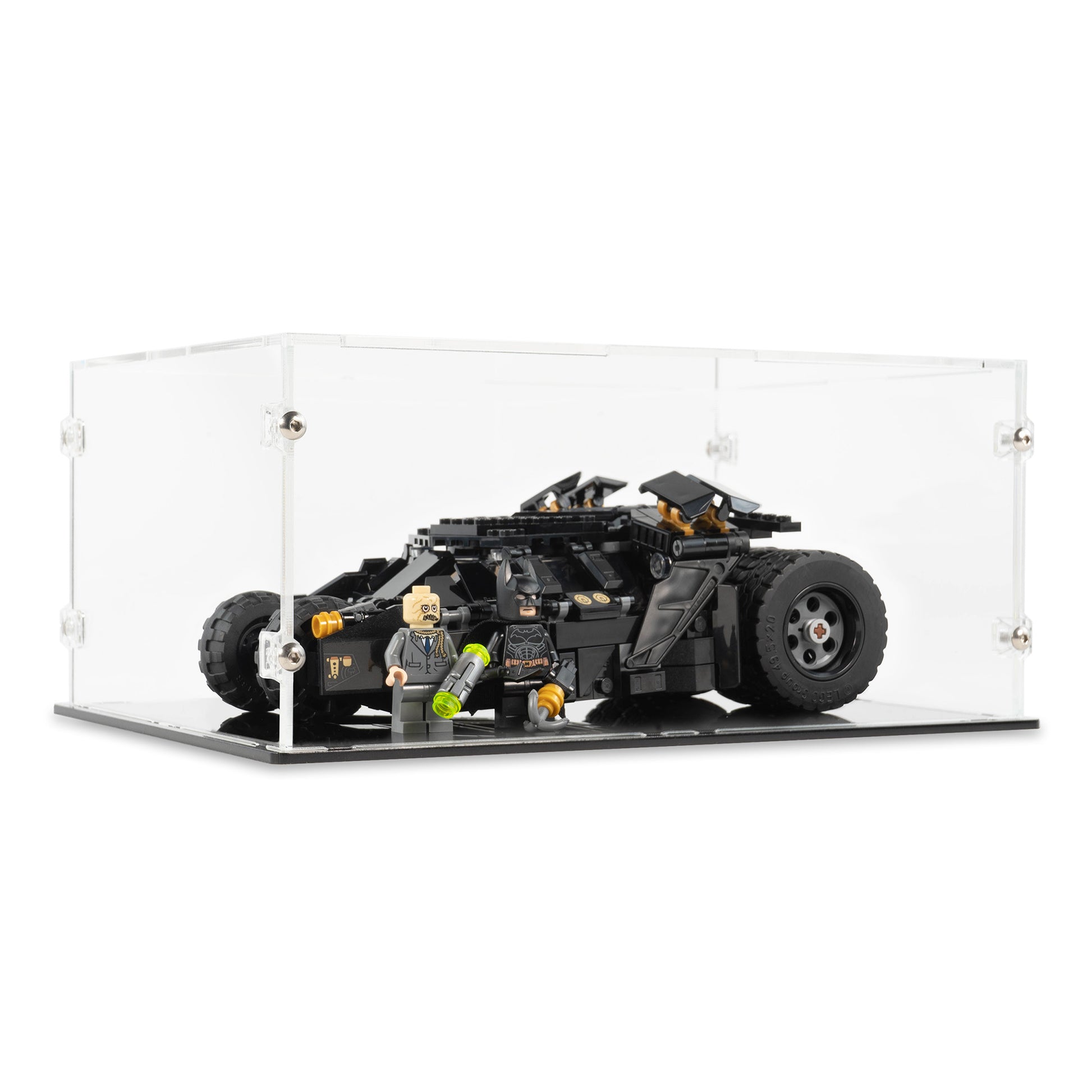 Angled view of LEGO 76239 LEGO DC Batman Batmobile Tumbler Scarecrow Showdown Display Case.